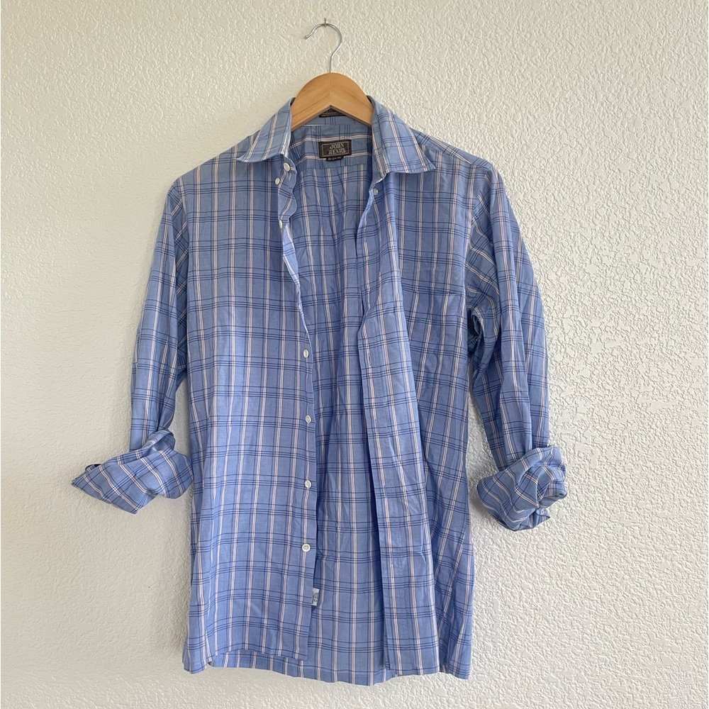 John Henry | Blue plaid button down long sleeve casual shirt size small
